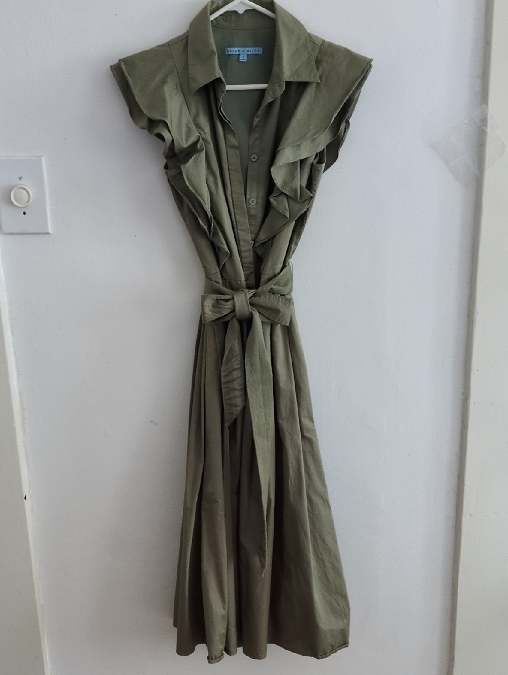 ANTONIO MELANI Sage Green Ruffle-Shoulder Midi Dress